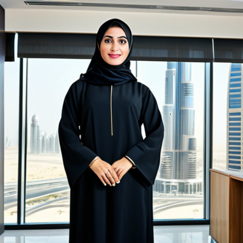 Home 7 **
"A professional Arabic businesswoman in a modest, elegant abaya, standing confidently in a modern Dubai office. The background shows the Burj Khalifa. Fully clothed, appropriate attire, safe for work, perfect anatomy, natural proportions, professional photography, high quality, family-friendly."
**