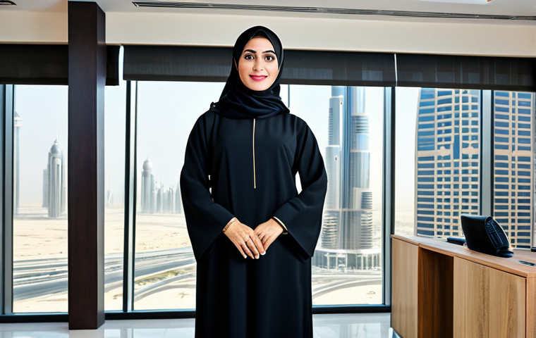 **

"A professional Arabic businesswoman in a modest, elegant abaya, standing confidently in a modern Dubai office. The background shows the Burj Khalifa. Fully clothed, appropriate attire, safe for work, perfect anatomy, natural proportions, professional photography, high quality, family-friendly."

**