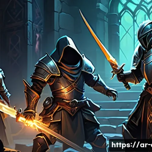 던전앤파이터 던전 난이도 분석 - **A group of four diverse "Dungeon & Fighter" adventurers collaborating strategically against a form...