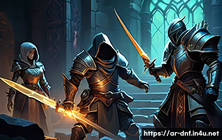 던전앤파이터 던전 난이도 분석 - **A group of four diverse "Dungeon & Fighter" adventurers collaborating strategically against a form...